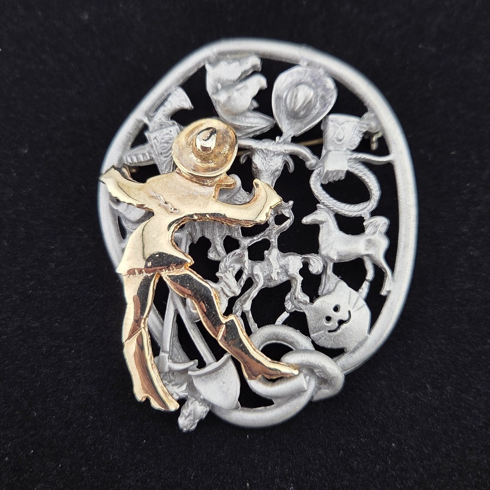 Cowboy Western Ultra Craft Southern Oversized Pewter and Gold Tone Brooch Pin